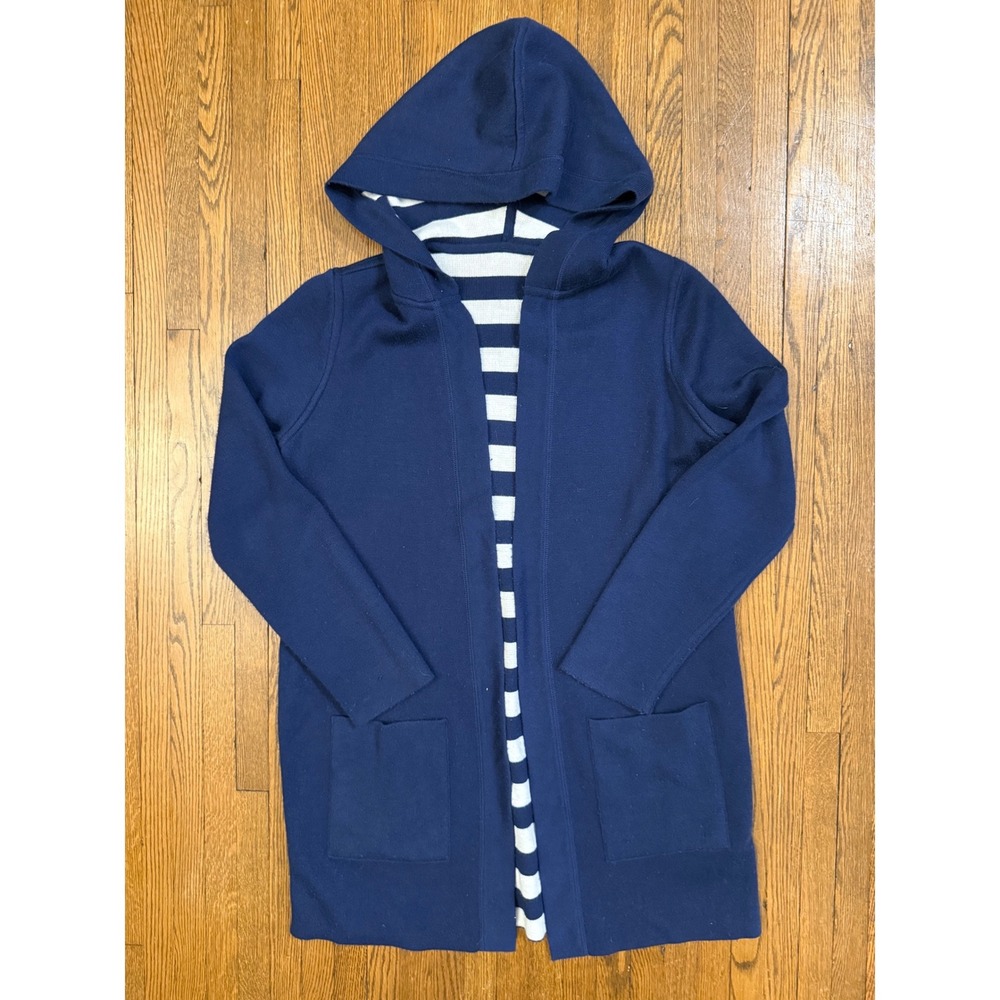 Reversible Navy White Striped Hooded Cardigan Open Front Duster Sweater Womens - Picture 4 of 9